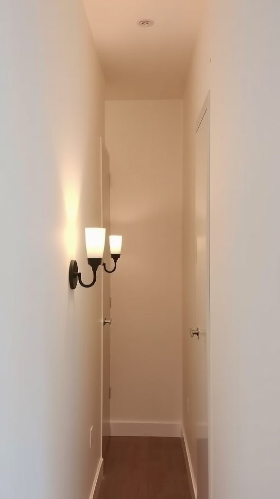 A narrow hallway with two elegant wall sconces providing soft lighting