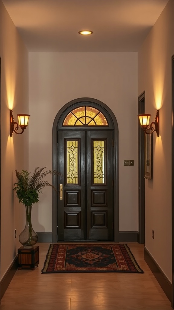 Entrance hall featuring wall sconces that provide warm lighting beside a double door with decorative glass panels.