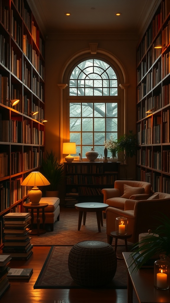 Cozy home library with warm lighting and comfortable seating.