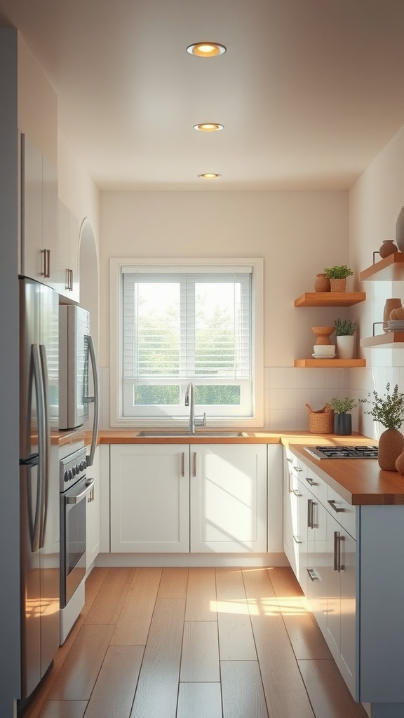 A modern kitchen featuring warm recessed lights and natural daylight from a window.