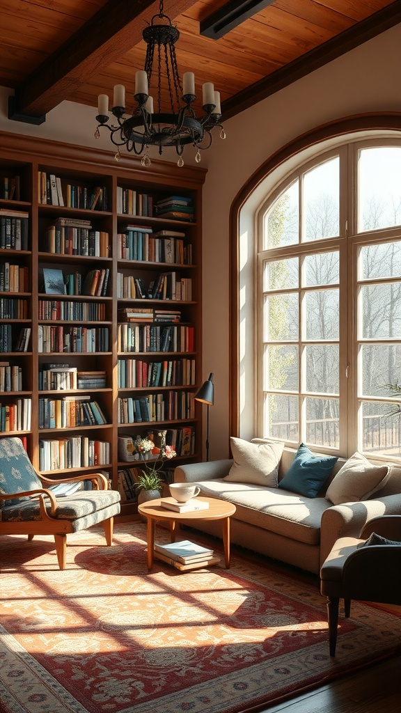 Cozy library with bookshelves, comfortable seating, and sunlight streaming through large windows