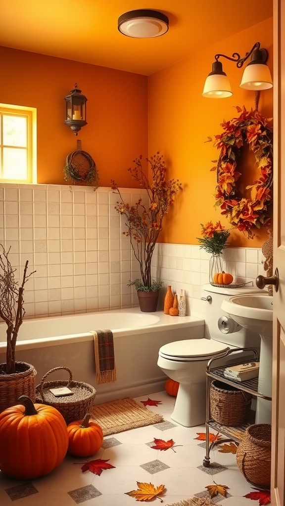 A cozy bathroom decorated in warm autumn shades with orange walls, pumpkins, and fall foliage.