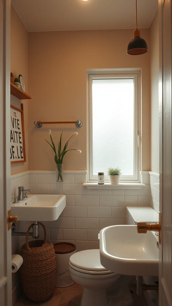 A small bathroom painted in warm beige with white tiles, showcasing a cozy ambiance.