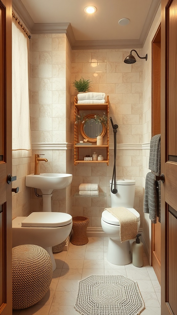 Cozy small bathroom featuring warm beige tiles and natural materials