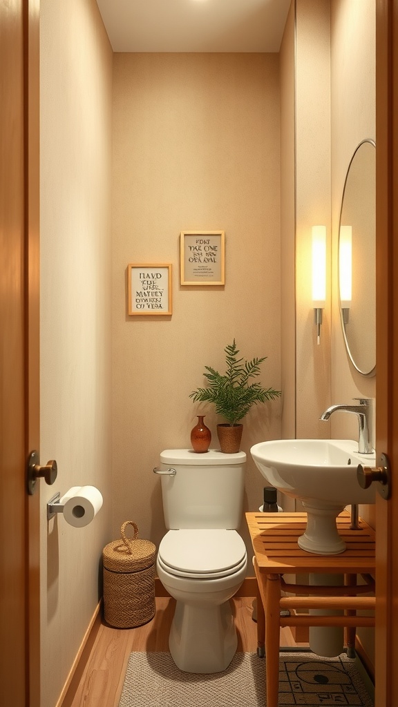 A small bathroom painted in warm beige with natural wooden accents and simple decor.