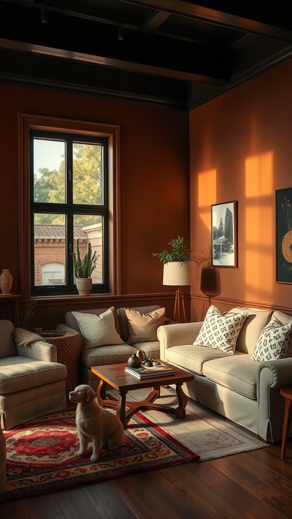 Cozy living room with warm cinnamon walls and soft furniture