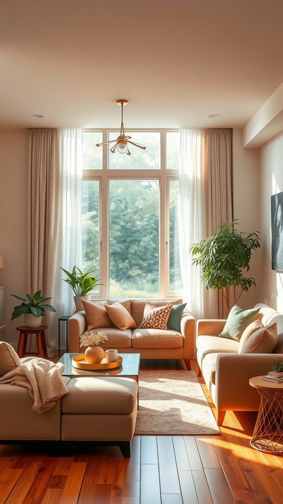 A cozy living room with warm colors, natural light, and inviting furniture.