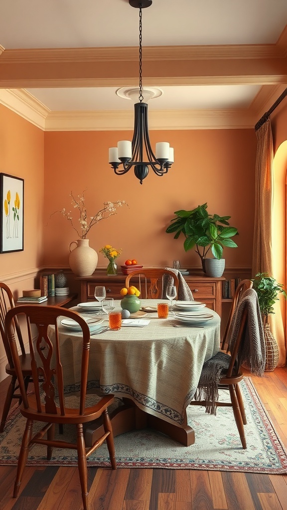 A cozy farmhouse dining room featuring warm terracotta walls, a round wooden table set for dinner, and natural decor elements.