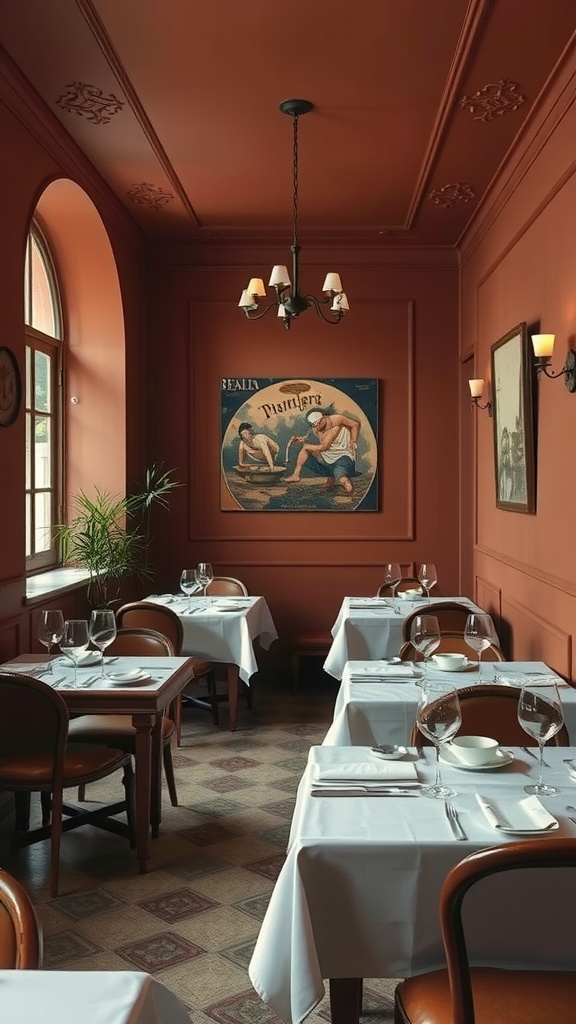 Luxurious dining room with warm terracotta walls, elegant tables set for dining, and soft lighting.