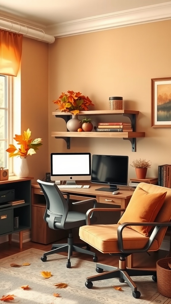 A cozy fall home office featuring warm colors, wooden furniture, and autumn decorations.