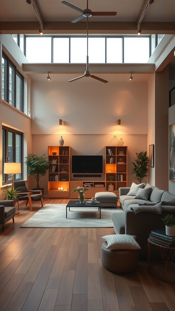 A cozy living room with warm lighting, featuring a fan, plants, and a comfortable seating area.