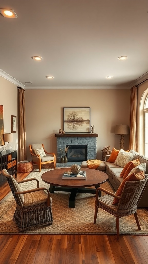 Living room-dining room combo with warm earth tones, featuring a cozy sofa, wicker chairs, and a fireplace.