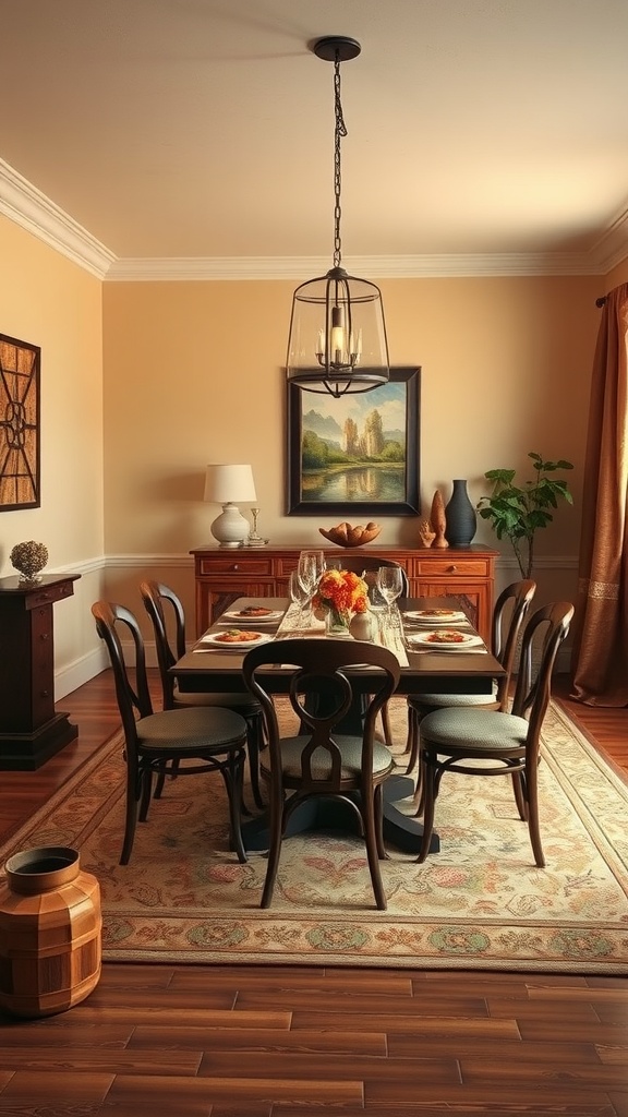 A cozy dining room with warm beige walls, wooden furniture, and a patterned rug, creating a rustic atmosphere.