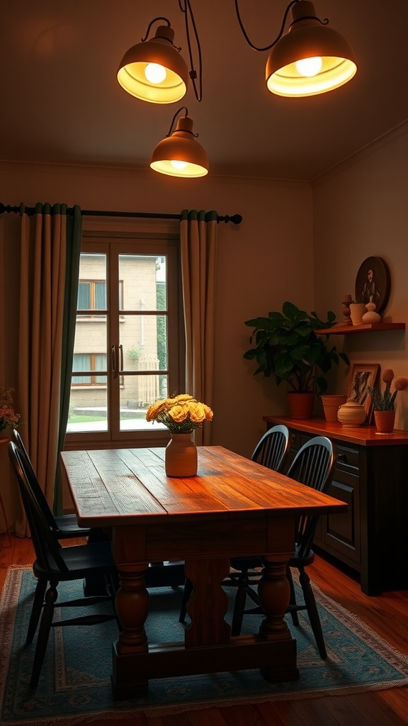 Dining room with warm lighting from pendant lights above a wooden table, featuring a cozy atmosphere