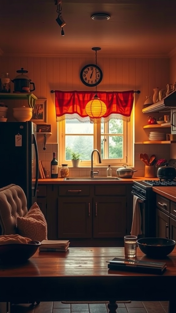 A cozy kitchen with warm lighting, showcasing a wooden table, sink, and decorative elements.