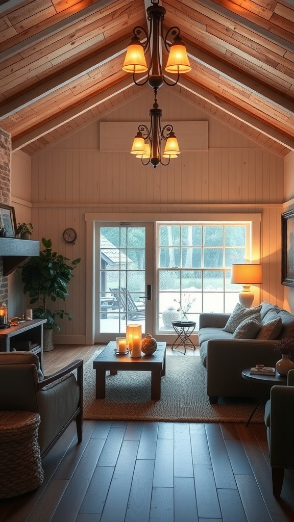 A cozy farmhouse living room featuring warm lighting fixtures, wooden ceiling, and inviting decor.
