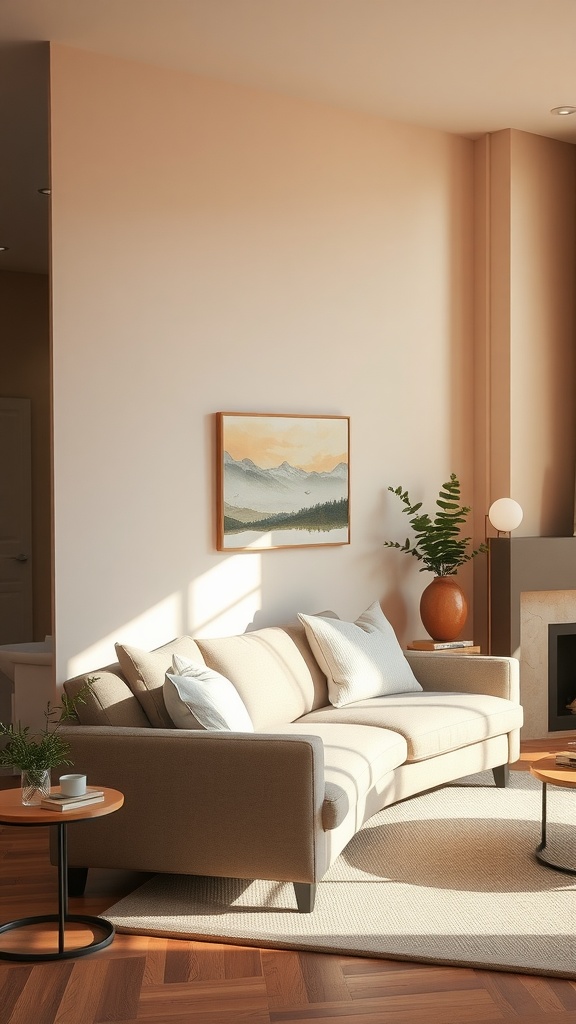 A cozy living room with warm neutral colors, featuring a beige sofa, peach walls, and plants.