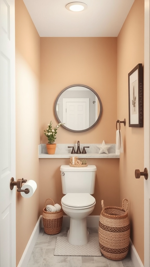 Small bathroom with warm sand colored walls, circular mirror, and natural decor.