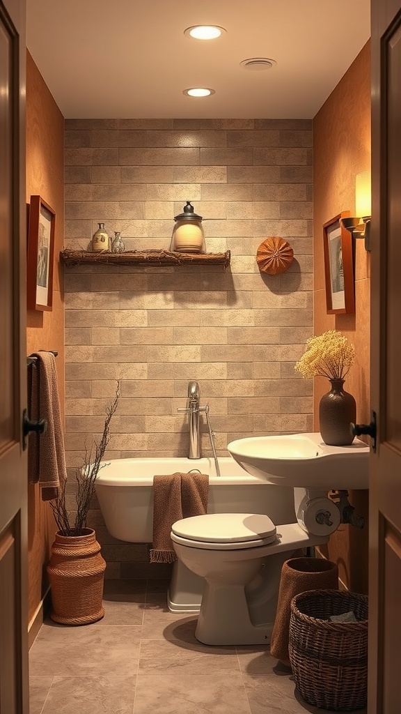 A small bathroom with warm taupe walls, featuring natural decor and earthy tones.