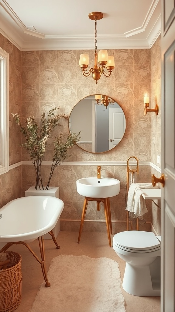 A stylish bathroom featuring warm taupe walls with gold accents, a freestanding tub, and elegant fixtures.