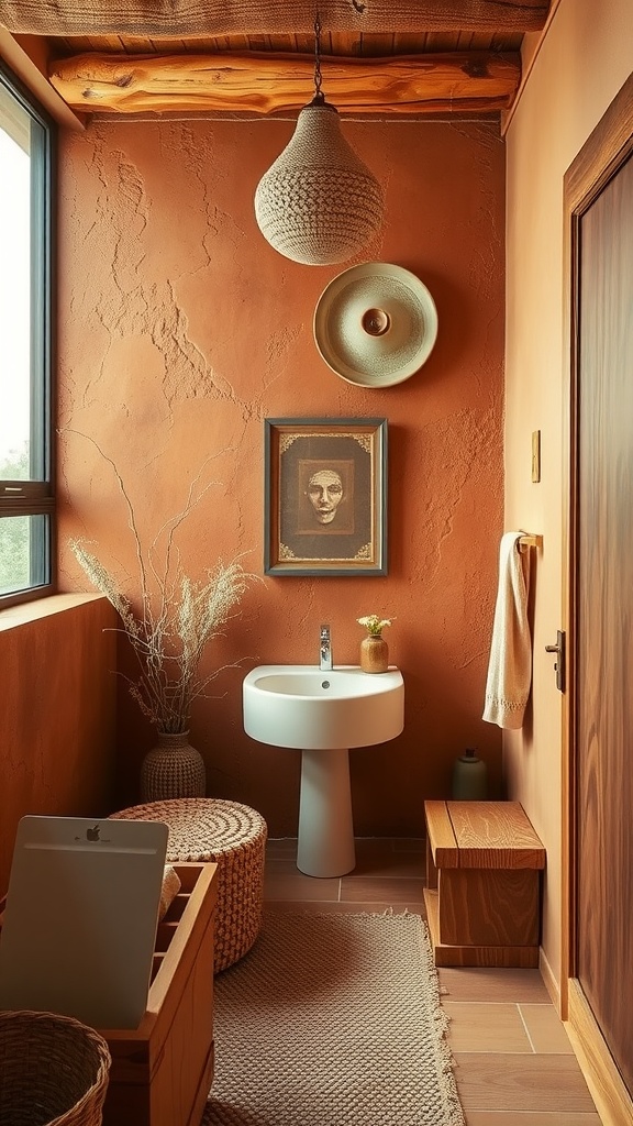 A cozy bathroom with warm terracotta walls, natural wood elements, and a modern sink.