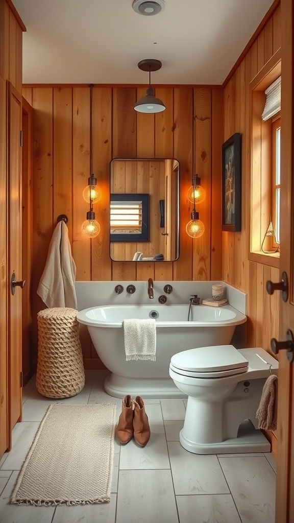 A cozy modern bathroom with warm wood paneling, a white bathtub, and stylish pendant lighting.