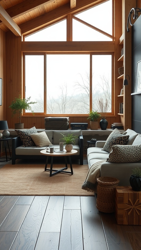 Cozy country farmhouse living room with wooden walls, large windows, and plants