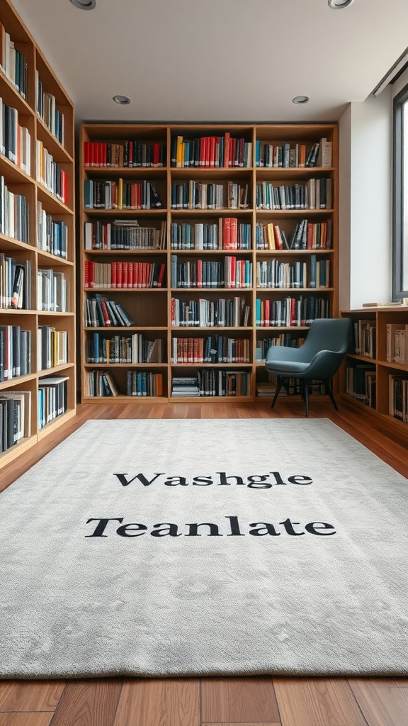 A light-colored washable rug with the words 'Washgle Teanlate' in a library setting.