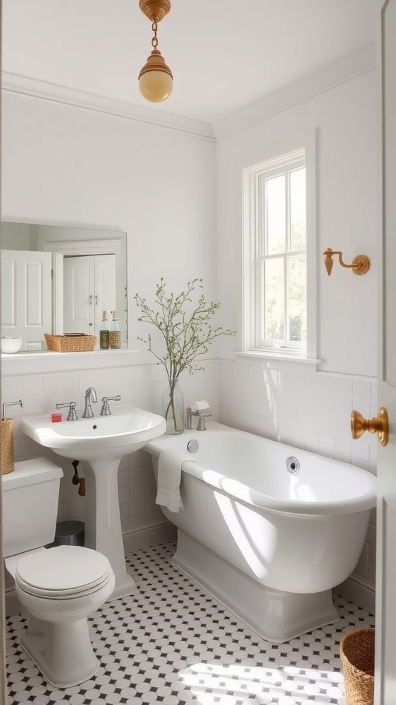 Bathroom featuring white fixtures and natural decor elements