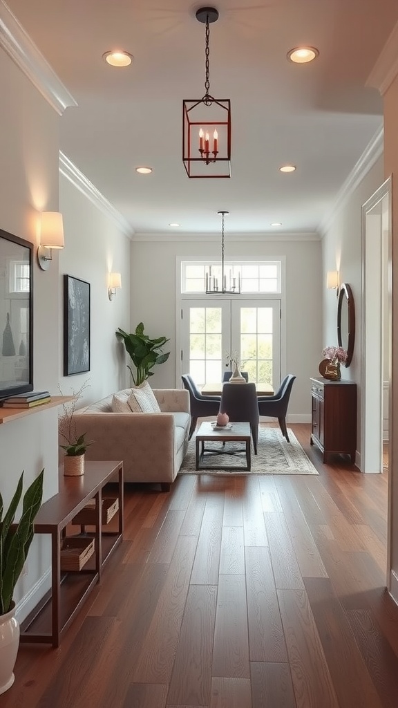 A cozy entryway leading into a living room and dining area, featuring soft lighting, plants, and wood flooring.