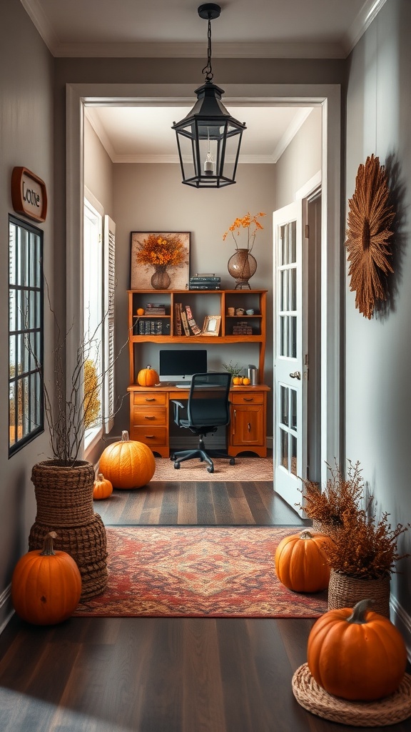 A cozy entryway leading to a home office, decorated with pumpkins and autumn-themed decor.