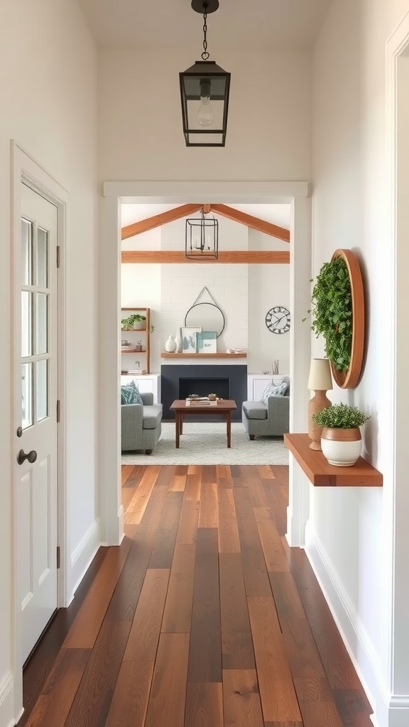 A welcoming farmhouse entryway with wooden flooring, soft lighting, and greenery, leading to a cozy living room.
