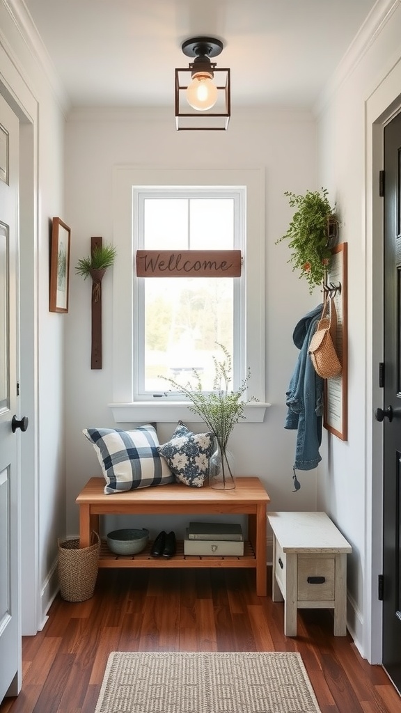 Cozy farmhouse entryway with a wooden bench, decorative pillows, and a welcoming sign