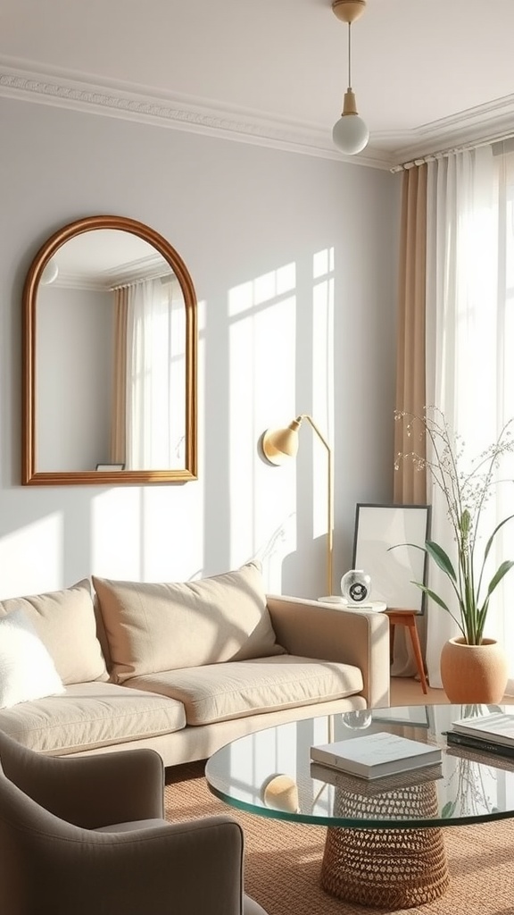 A well-lit living room featuring a round mirror reflecting sunlight, with a cozy sofa and glass coffee table.