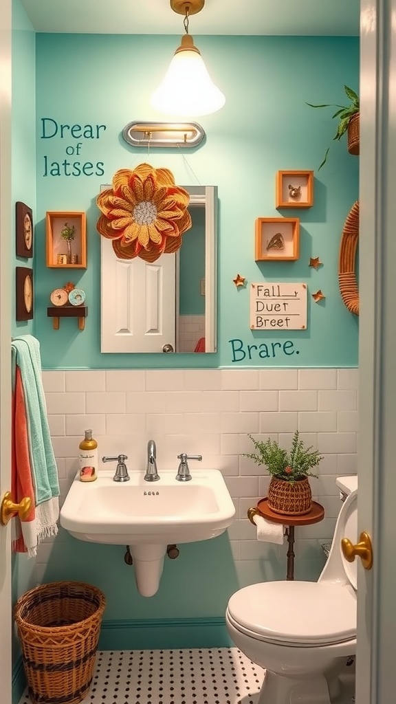 A small bathroom painted in whimsical aqua with decorative accents and quirky wall art.