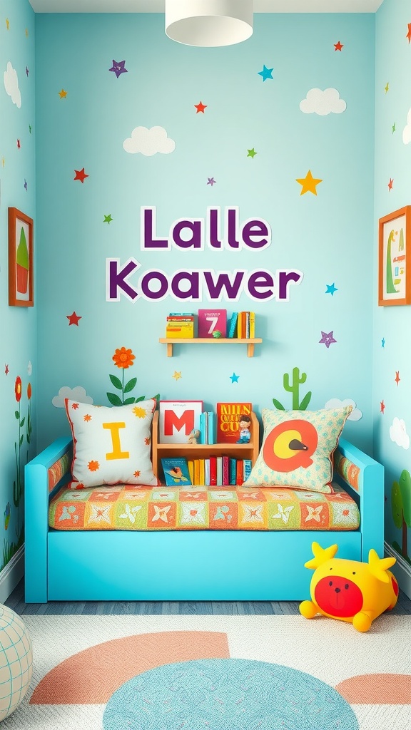 A colorful children's reading corner with a blue couch, playful cushions, and a small bookshelf filled with books.