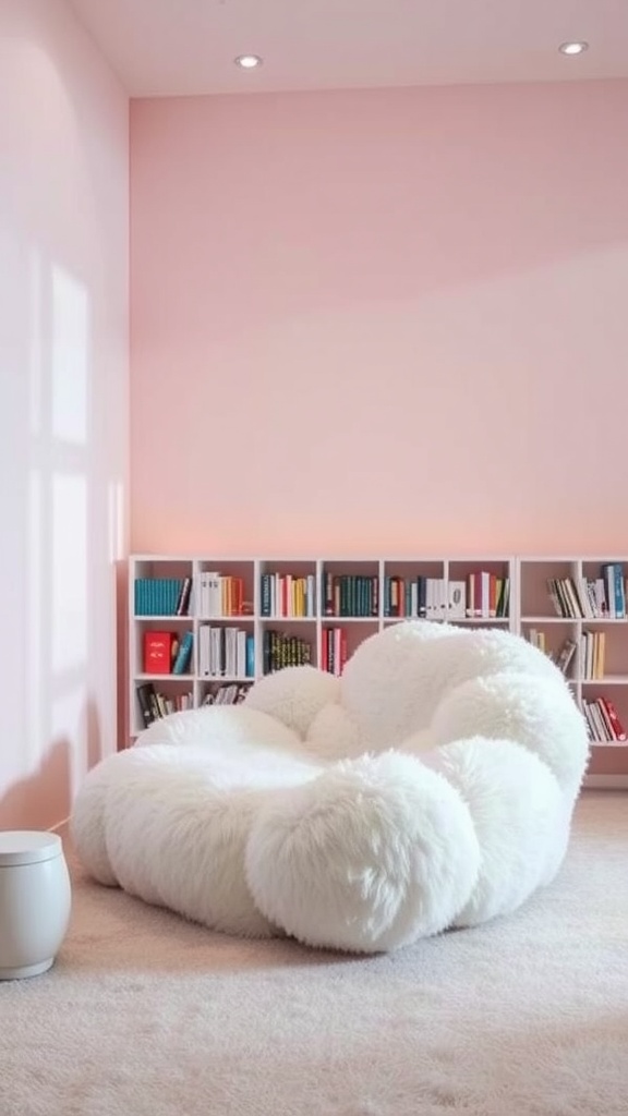 Cozy reading nook with a fluffy white lounge chair, pink wall, and colorful bookshelves.