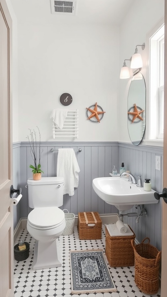 A whimsical coastal bathroom with gray paneling, white fixtures, starfish decor, and patterned floor tiles.