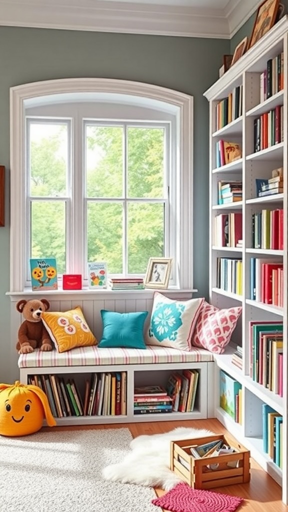 A cozy corner for kids featuring a window seat with cushions, colorful books, and a stuffed animal.