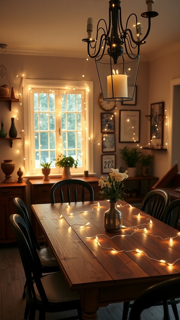 A cozy dining room with fairy lights accenting a wooden table and a candle