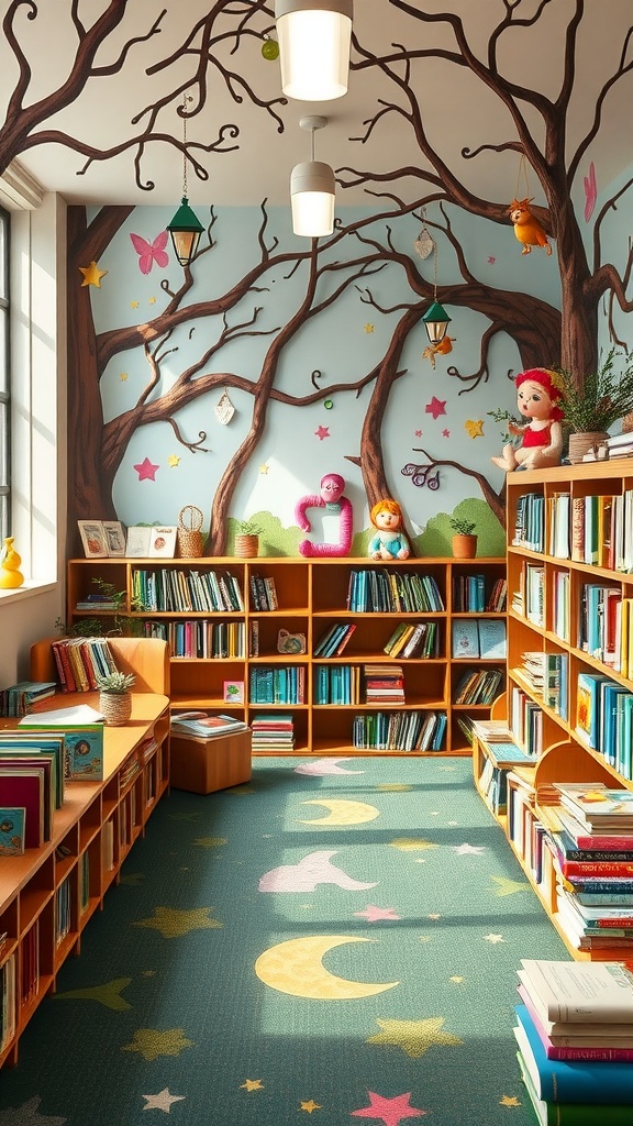 A whimsical reading area with tree-themed walls, colorful bookshelves, and a starry carpet