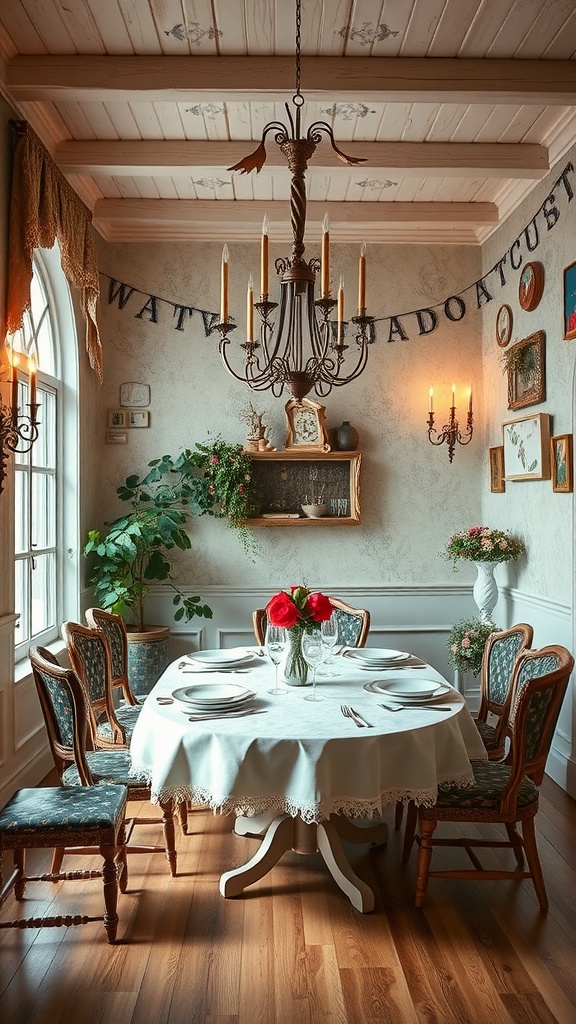 A whimsical dining room with a round table, vintage chairs, and elegant decor.