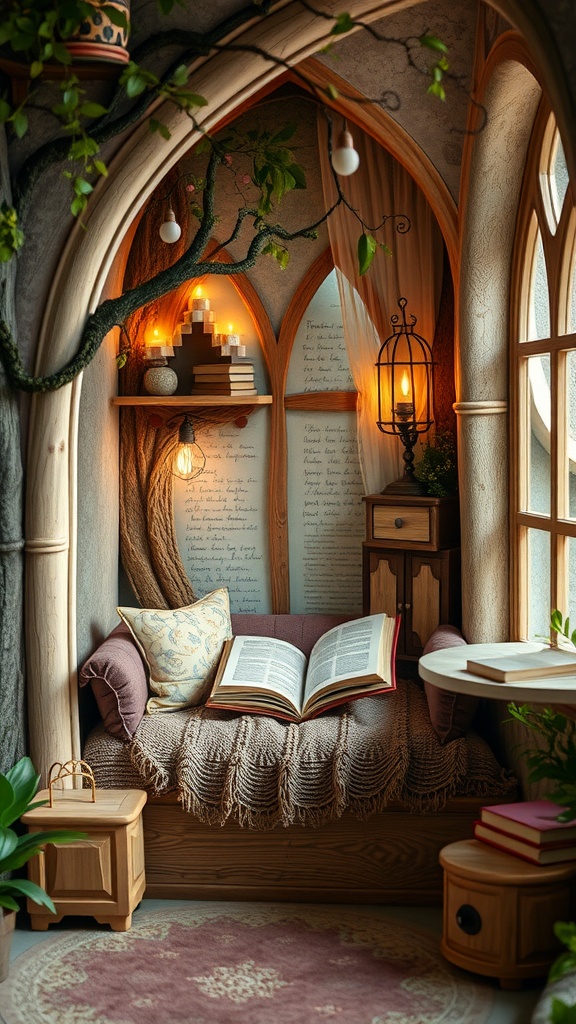 A cozy reading nook with soft lighting, natural elements, and an inviting atmosphere, perfect for a fairy tale escape.