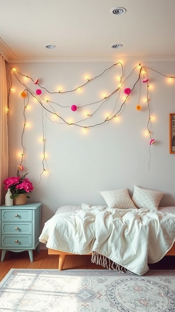 Cozy boho bedroom with flower string lights on the wall and a colorful nightstand