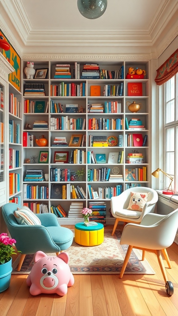 A whimsical library featuring colorful books, soft chairs, and playful decor elements