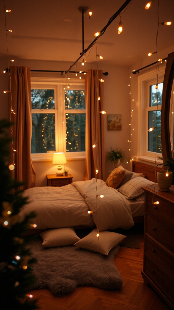 Cozy bedroom with warm fairy lights hanging from the ceiling, soft bedding, and a potted plant.