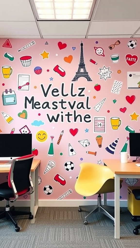 A colorful office wall with playful doodles and patterns.