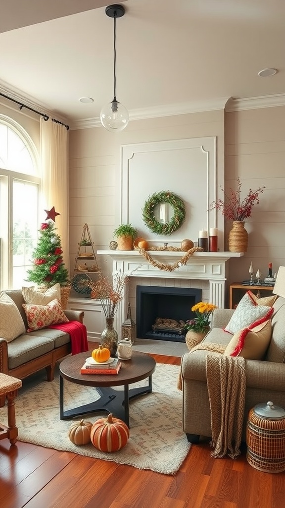 A cozy modern farmhouse living room decorated with seasonal elements like pumpkins, a small Christmas tree, and a wreath.