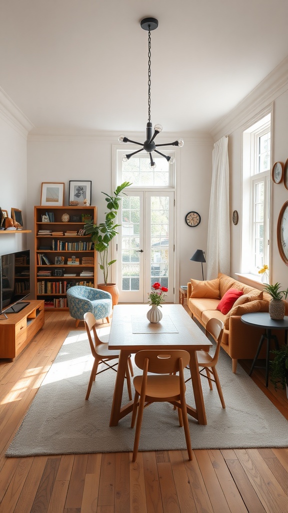 Cozy living room dining room combo with a playful blue armchair, wooden dining table, and large windows.