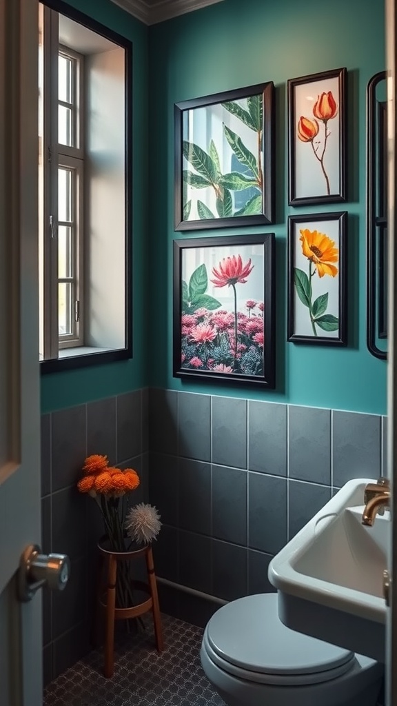 A cozy bathroom featuring framed nature prints on colorful walls, with a small flower arrangement.